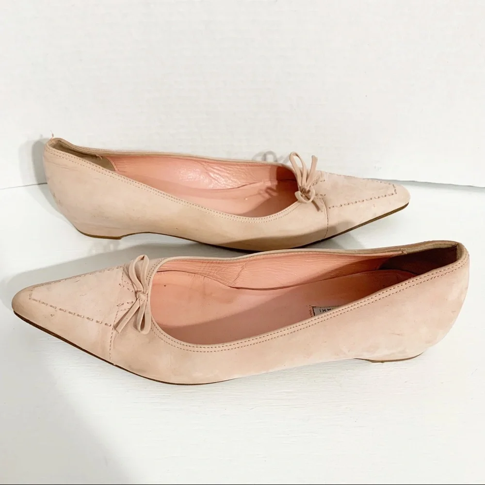 Isaac Isaac Mizrahi Pointed Toe Blush Pink Suede Flats Bow Detailing Stitching